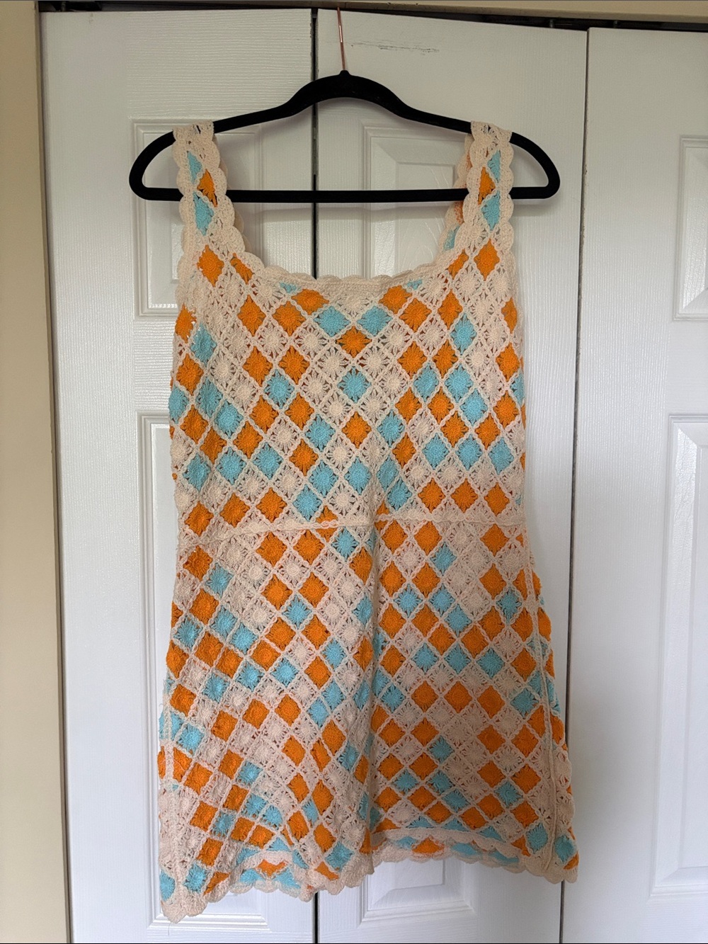 Zara Diamond Knit Crochet Scalloped Mini Dress Multicolor